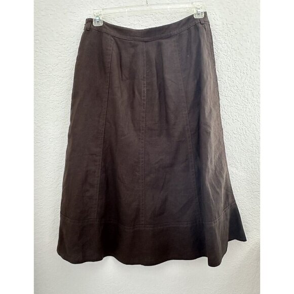 Women's Skirt Petites 12 100% Linen Dark Brown Fit/Flare Midi Artsy Preppy‎ Work - Picture 1 of 10